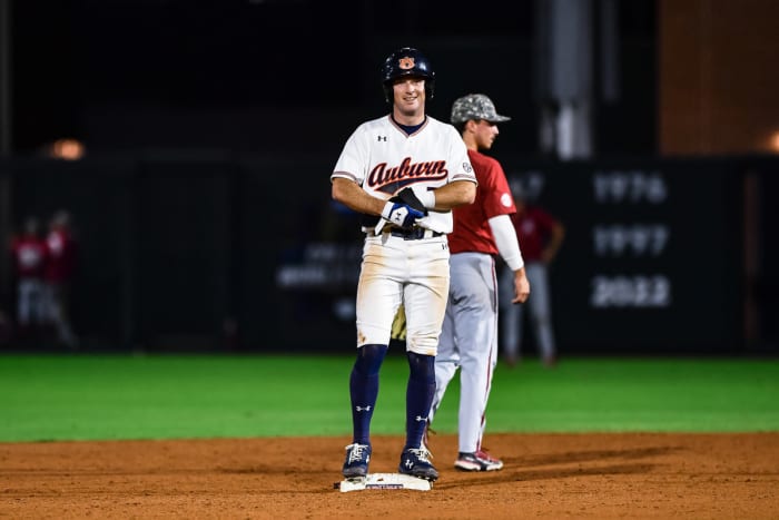 Kason Howell on base for Auburn baseball vs Alabama.